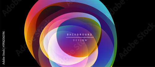 Abstract colorful layers create dynamic circular design. Gradient hues blend, forming vibrant visual impact. Modern background element.