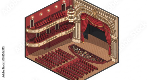Theater interior with red seats and gold decorations empty auditorium with stage and balconies