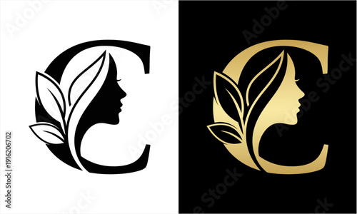 Elegant C Letter Logo with Womans Face and Leaves Design.