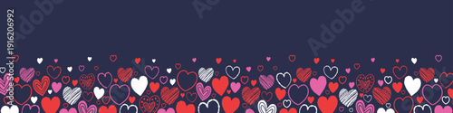 Background with hand drawn flying hearts. Banner design in cartoon style. Doodles. Concept for Valentine’s Day, Mother’s Day and Women’s Day. Vector illustration