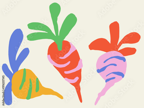 Hand drawn vector illustration set of colorful radish roots with green leaves in playful kidlit style, arranged as isolated vegetable elements on a neutral background.