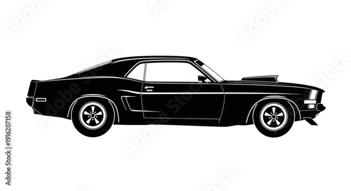 Classic Black American Muscle Car Silhouette Side View.