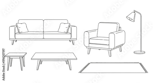 Modern Living Room Furniture Set Line Drawing.