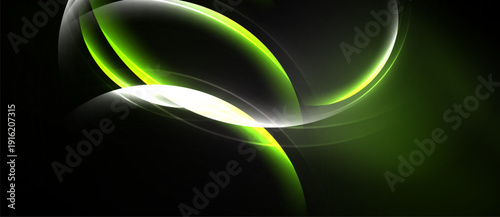 Abstract design features flowing green shapes against dark background. Bright highlights create dynamic visual effect. Smooth curves suggest movement.