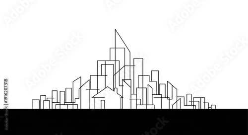 Abstract architectural sketch of a modern city skyline with buildings and cranes.