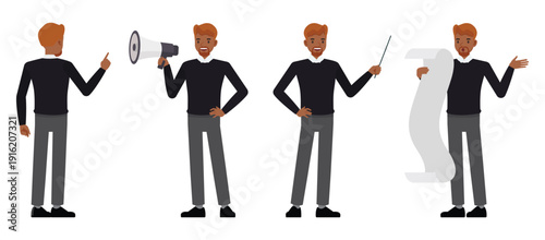 Businessman were dark blue shirt character set with communication tools including megaphone pointer and paper scroll. Vector illustration design.