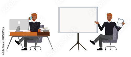 Businessman were dark blue shirt character set working at office desk and presenting with blank whiteboard. Vector illustration design.