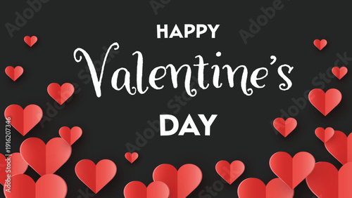 Happy Valentine’s Day greeting card with flying paper cut hearts. Vector illustration