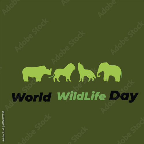 World Wildlife Day background with green animal silhouettes and bold typography promoting nature conservation and biodiversity
