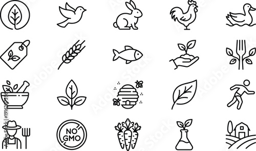Organic farming line icons set, eco agriculture food symbols, sustainable vector outline collection for natural healthy lifestyle