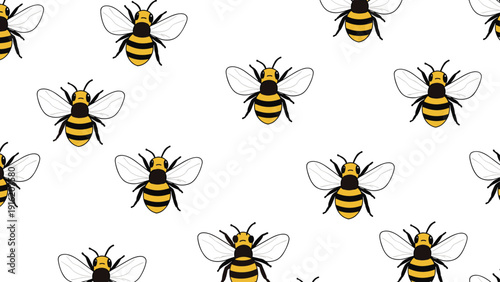 Cute honeybee pattern features smiling cartoon insects with yellow and black stripes flying across a white background.