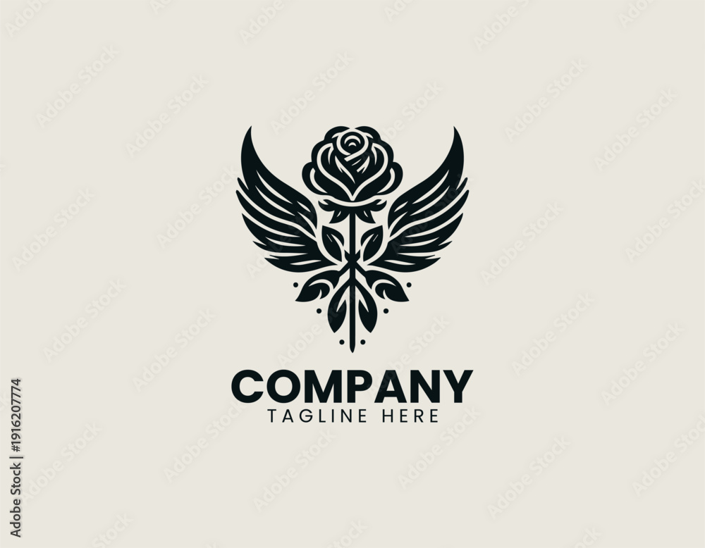 Fototapeta premium Elegant winged rose flower black vector logo illustration