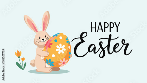 Happy Easter greeting features a friendly bunny rabbit hugging a large decorated egg for a joyful holiday celebration.