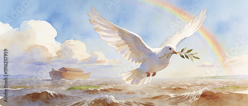 White dove flying with an olive branch over the ark on water beneath a rainbow. Religious artwork for Christian story or Bible concept.