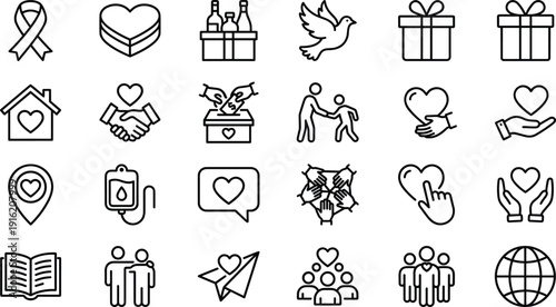 Charity donation line icons set, humanitarian aid symbols, nonprofit volunteer vector outline collection for social support