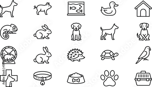 Pet animal line icons set, veterinary care symbols, cute domestic wildlife vector outline collection for pet shop