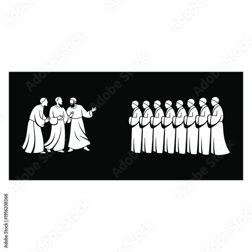 Three men talking to a line of eight men in robes group