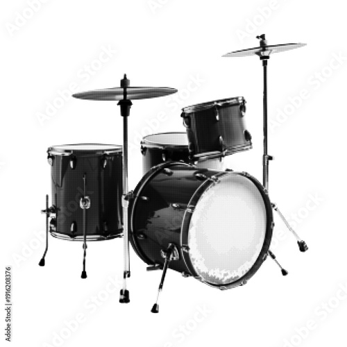 Acoustic drum set isolated on white background. Musical instrument kit with bass drum, snare, tom and cymbal. Rock band, concert and music performance concept.