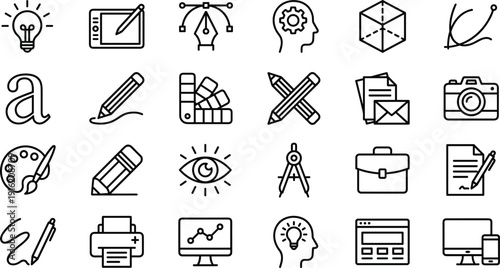 Minimalist design line icons set, creative tools, branding elements, vector outline illustration for web and print media projects