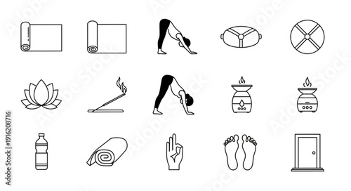 Collection of yoga and meditation icons and symbols.