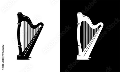 Elegant Harp Musical Instrument Silhouette in Black and White.