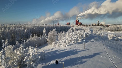 Paper mill factory in cold February day, Oulu Finland