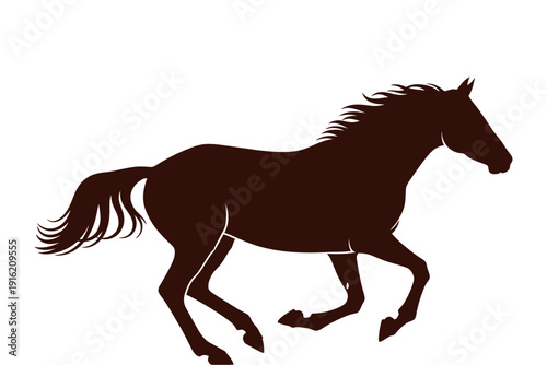 A black silhouette of a horse running on a white background