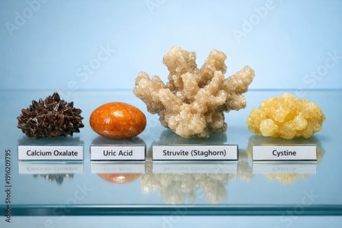 Cystitis kidney bladder stones 3D medical set displays calcium oxalate uric acid struvite staghorn and cystine calculi with distinct mineral textures, urology education render