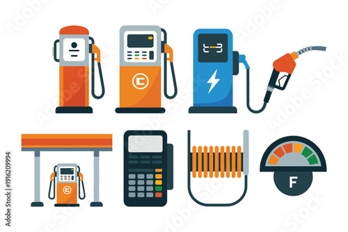 Gas Station Vector Illustration Featuring Fuel Pumps, Dispensers and Flat Style Design