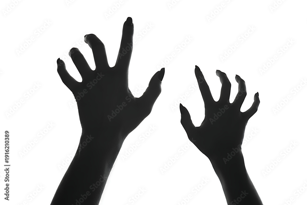 Obraz premium Creepy Monster Hands Silhouette with Sharp Claws Reaching Upwards Against a White Background for Horror, Halloween, and Spooky Concepts