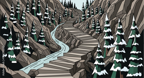 Vector illustration of a winding stone path ascending a snow-dusted mountain valley with a narrow aqua river and dark green fir trees.