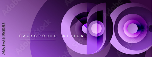 Abstract purple layers create circular design. Modern background features gradient hues, simple text elements. Minimalist aesthetic.