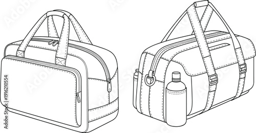 Black and white outline of two duffel bags with detailed travel bag gym bag sports bag