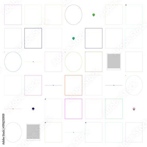 Abstract graphic design elements: geometric shapes, colorful borders, and minimalist icons on white background.