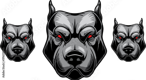 Fierce muscular pitbull dog head illustrations showcasing aggressive canine strength and intimidating loyalty rendered in stark black and grey tones with piercing red eyes suitable for sports mascots.