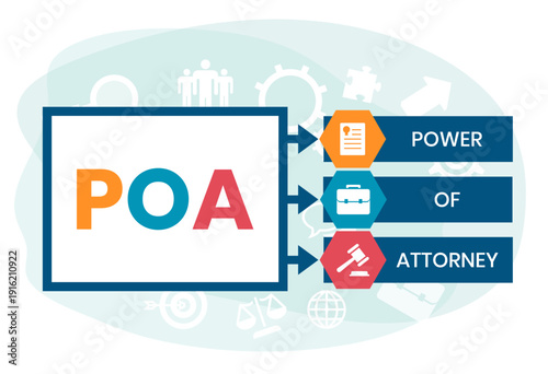POA, Power of Attorney. Concept with keywords and icons. Flat vector illustration. Isolated on white background.