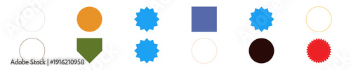 Colorful set of diverse geometric shapes, badges, and seals, perfect for modern graphic design elements and projects.