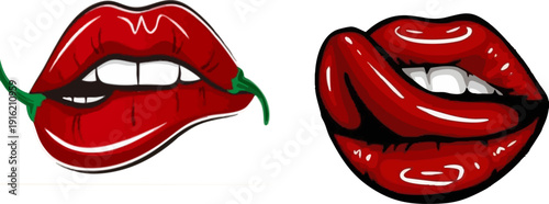 Vibrant illustration featuring two pairs of glossy red lips one subtly biting a hot chili pepper and the other provocatively licking across its surface suggesting spice and sensuality