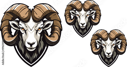Fierce detailed illustration of a powerful bighorn ram mascot head featuring large curling horns and an intense gaze perfect for sports teams or wilderness branding designs