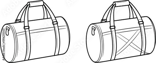 Two black and white line of cylindrical duffel bags with handles and straps gym bag