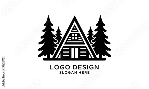 Minimalist A-frame cabin logo with pine trees.