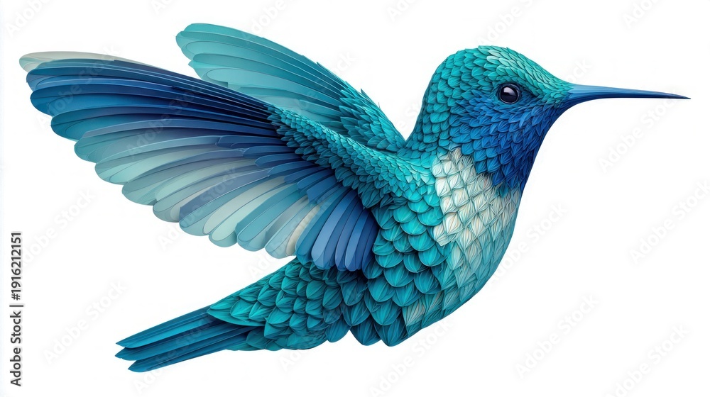 Obraz premium Vibrant blue hummingbird with detailed feathers in flight against a clean white background