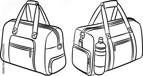 Two black line duffel bags and a water bottle on a white background gym bag sports bag