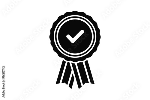 A black and white icon of a rosette award ribbon with a checkmark