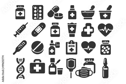 Medical icons set: healthcare items and symbols in black and white.