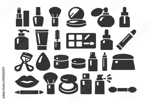 Collection of black silhouette beauty and makeup icons.
