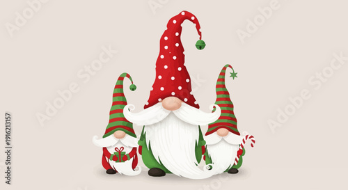 Three festive gnomes sitting together wearing colorful hats and beards in a playful holiday illustration
