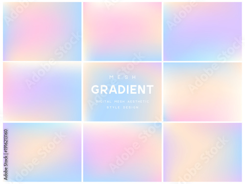 Sweet collection of marshmallow and candy inspired mesh gradients. Abstract pastel holographic backgrounds for confectionery, y2k aesthetic and dreamy dessert designs. Soft blurred textures.