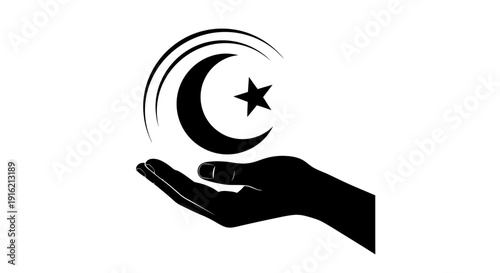 A hand holding a crescent moon and star symbol, embracing faith and spirituality from a symbolic viewpoint