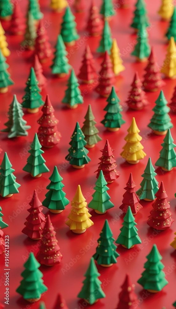 Fototapeta premium Rows of mini Christmas trees in red green and yellow stand on red surface. Trees have simple geometric shapes and some are decorated with gold dots. Festive holiday backdrop repeats.